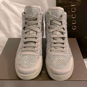 Authentic Gucci Light Grey Satin w/Crystals Sneakers size 39